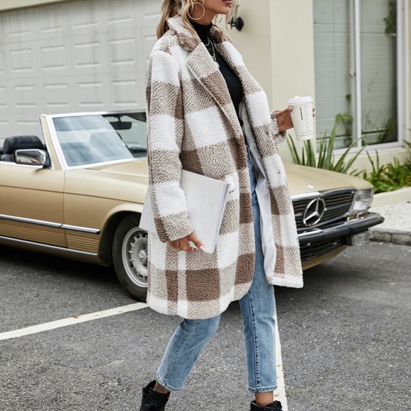 buffalo plaid teddy trench pea coat jacket khaki - Picture 7 of 11